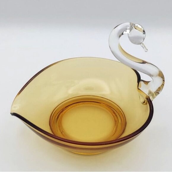 Vintage MCM Viking Glass Amber Swan Candy Dish Applied Clear Glass Neck & Head - Picture 5 of 6
